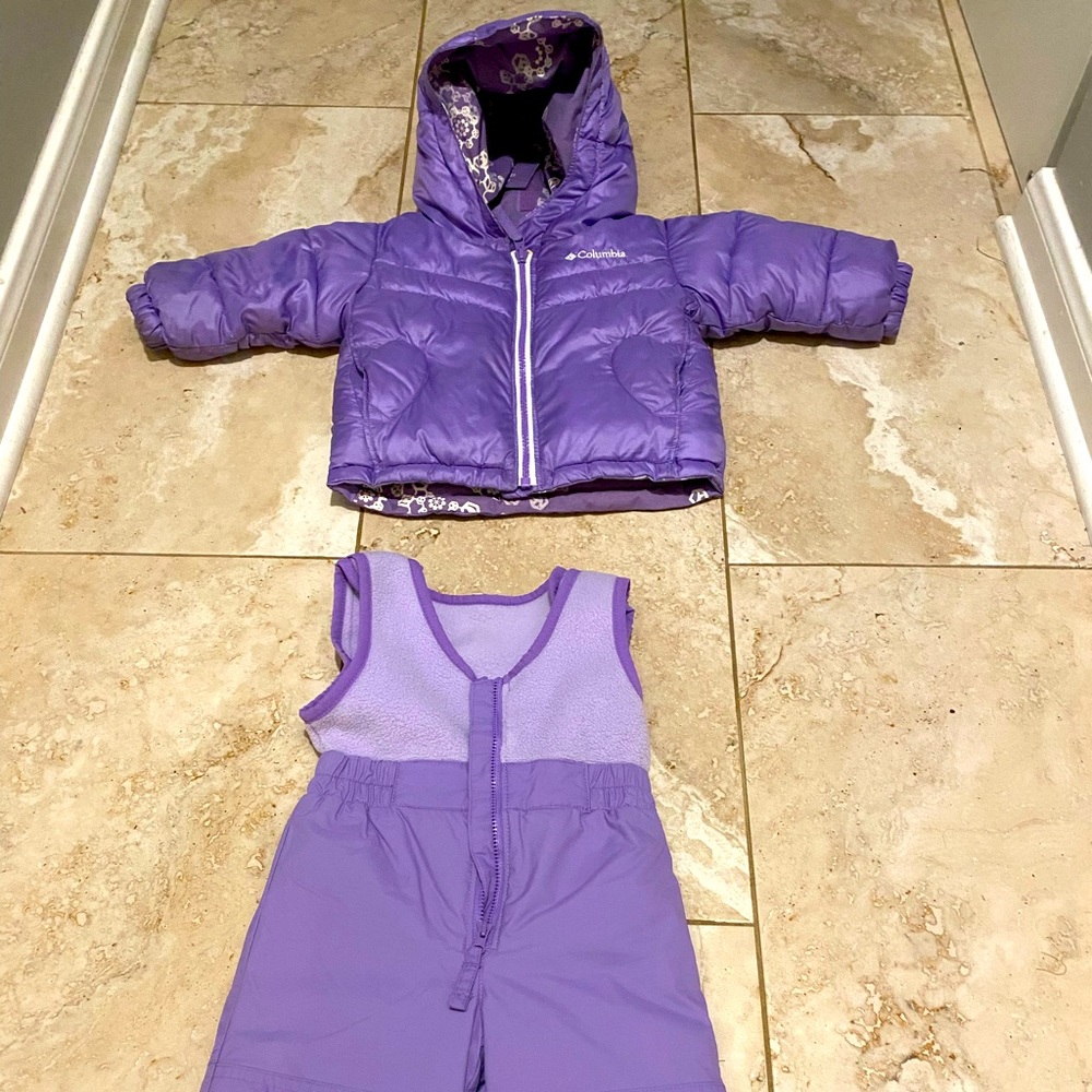 Columbia purple infant Ski Jacket and ski pant bib size 12 months.